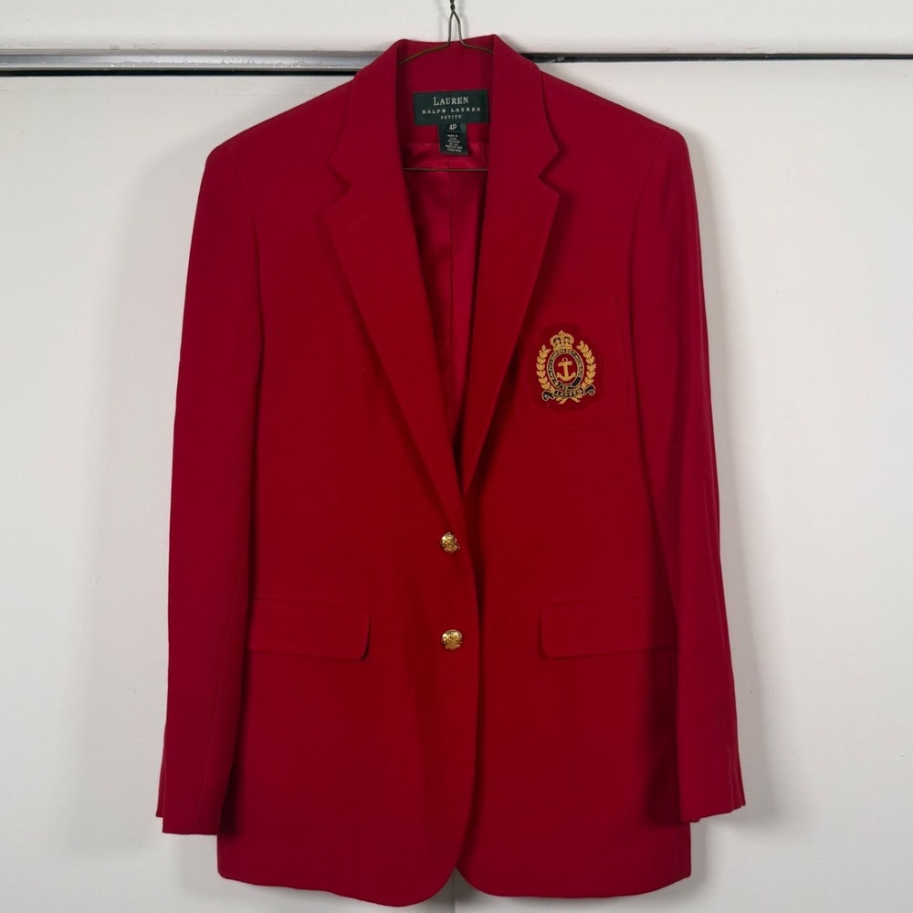 Lauren Ralph Lauren Petite Red Crest Blazer Gold Buttons Nautical Anchor Preppy